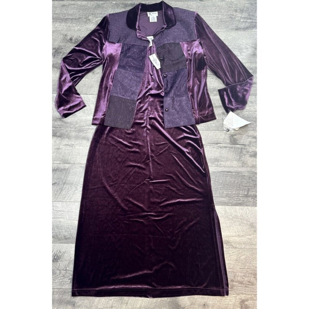 Vintage Jacket Dress 2 pc Set Womens 6 Petite Purple Velour Sheath Midi 80s NEW